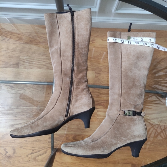 Prada square toe tall boots silver hardware logo women 37.5 tan suede - Picture 5 of 12